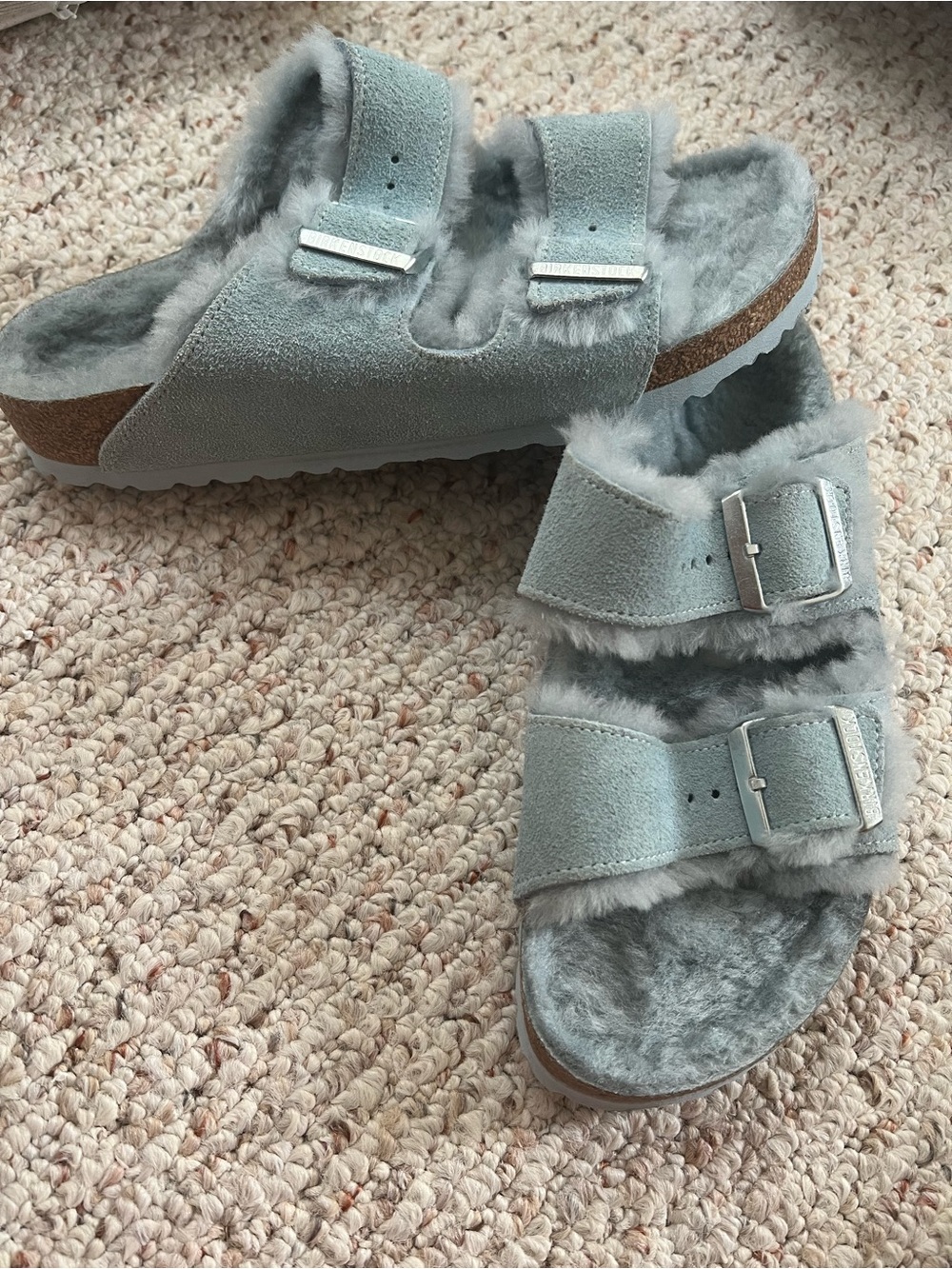 Birkenstock Women’s Faux-Fur Double Strap Sandals - Light Blue Gray